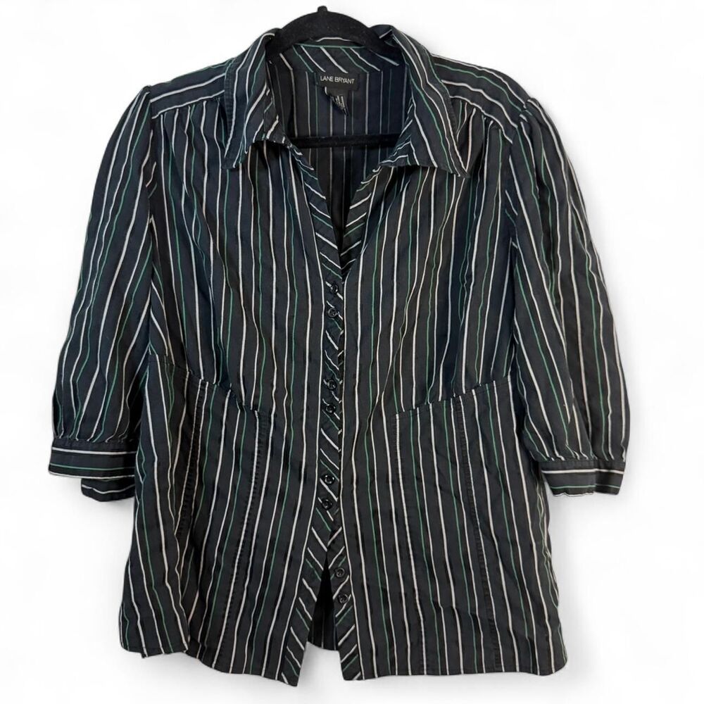 Lane Bryant Black Green White Striped Blouse Top 18/20 Plus Size 3/4 Sleeve